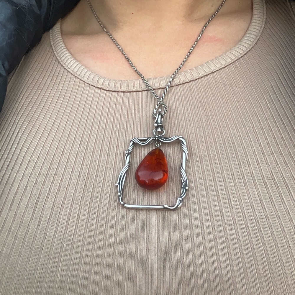 Baltic Amber Teardrop and Sterling Silver Window Pendant